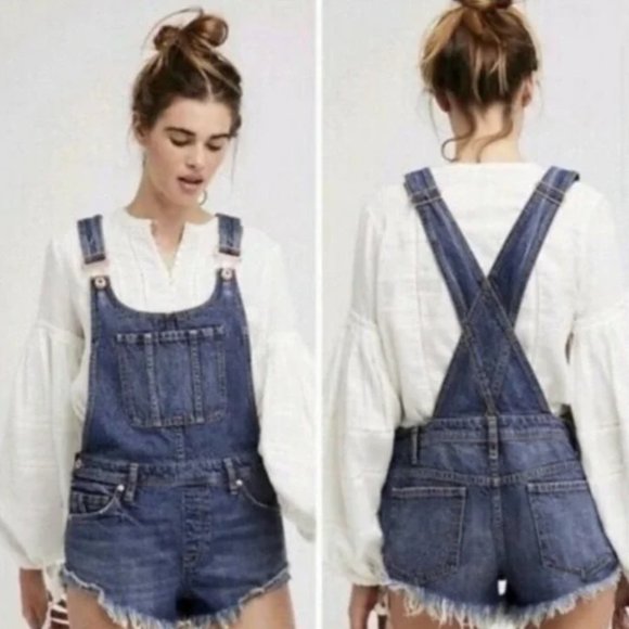 Free People Summer Sleeveless Denim Coverall Shorts Size 25 - Picture 1 of 8